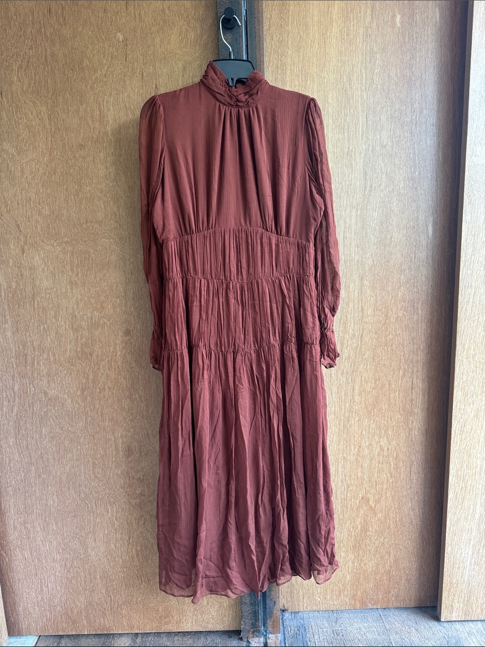 Mango Rust-Colored Long Sleeve Midi Dress with High Neck NWT